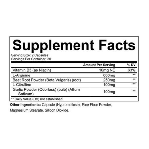 Supplement Facts. Serving Size: 2 Capsules. Servings Per Container: 30. Amount Per Serving: Vitamin B3 (as Niacin) 10 mg NE, 63% Daily Value. L-Arginine 600 mg, Daily Value not established. Beet Root Powder (Beta Vulgaris) (root) 250 mg, Daily Value not established. L-Citrulline 100 mg, Daily Value not established. Garlic Powder (Odorless) (bulb) (Allium Sativum) 100 mg, Daily Value not established. Other Ingredients: Capsule (Hypromellose), Rice Flour Powder, Magnesium Stearate, Silicon Dioxide.