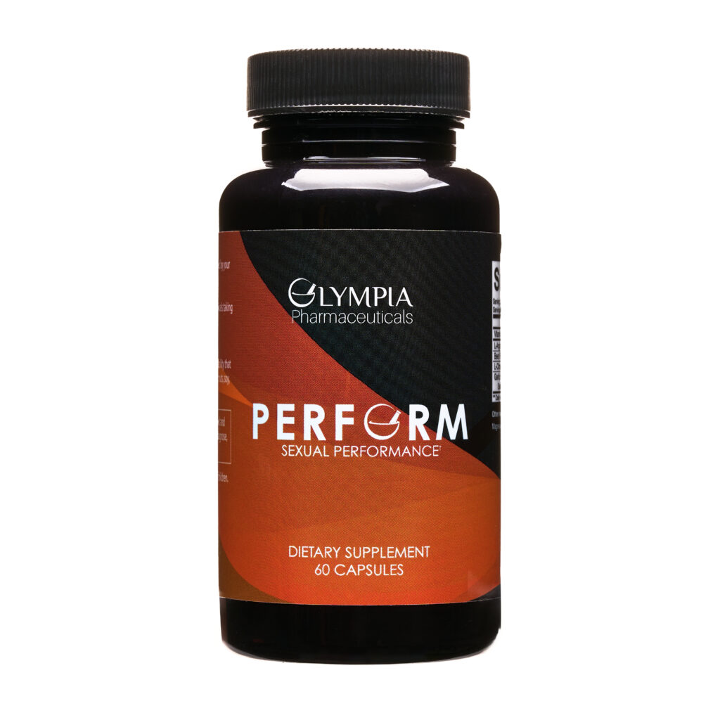 A bottle of Olympia Pharmaceuticals Perform dietary supplement, containing 60 capsules.