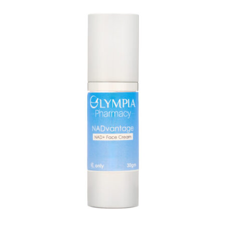 A bottle of Olympia Pharmacy NADvantage NAD+ Face Cream with a sleek white design and a blue label, containing 30 grams of product for skincare use. The label highlights the product's name and branding.