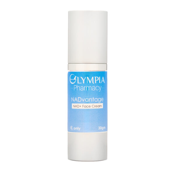 A bottle of Olympia Pharmacy NADvantage NAD+ Face Cream with a sleek white design and a blue label, containing 30 grams of product for skincare use. The label highlights the product's name and branding.