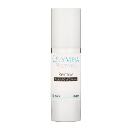A bottle of Olympia Pharmacy Renew Topical Gel Cream with a clean white design and minimalist label, containing 30 grams of product designed for skin rejuvenation. The label features the product name and branding.