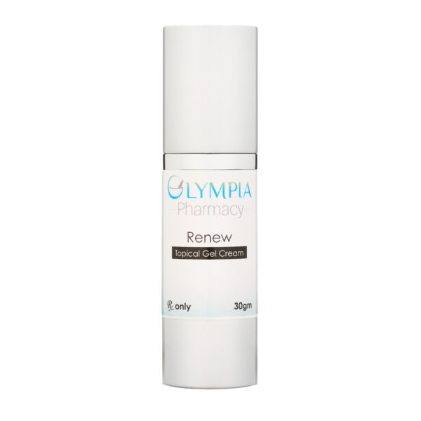A bottle of Olympia Pharmacy Renew Topical Gel Cream with a clean white design and minimalist label, containing 30 grams of product designed for skin rejuvenation. The label features the product name and branding.