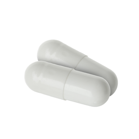 Two white enclomiphene capsules on a white background.