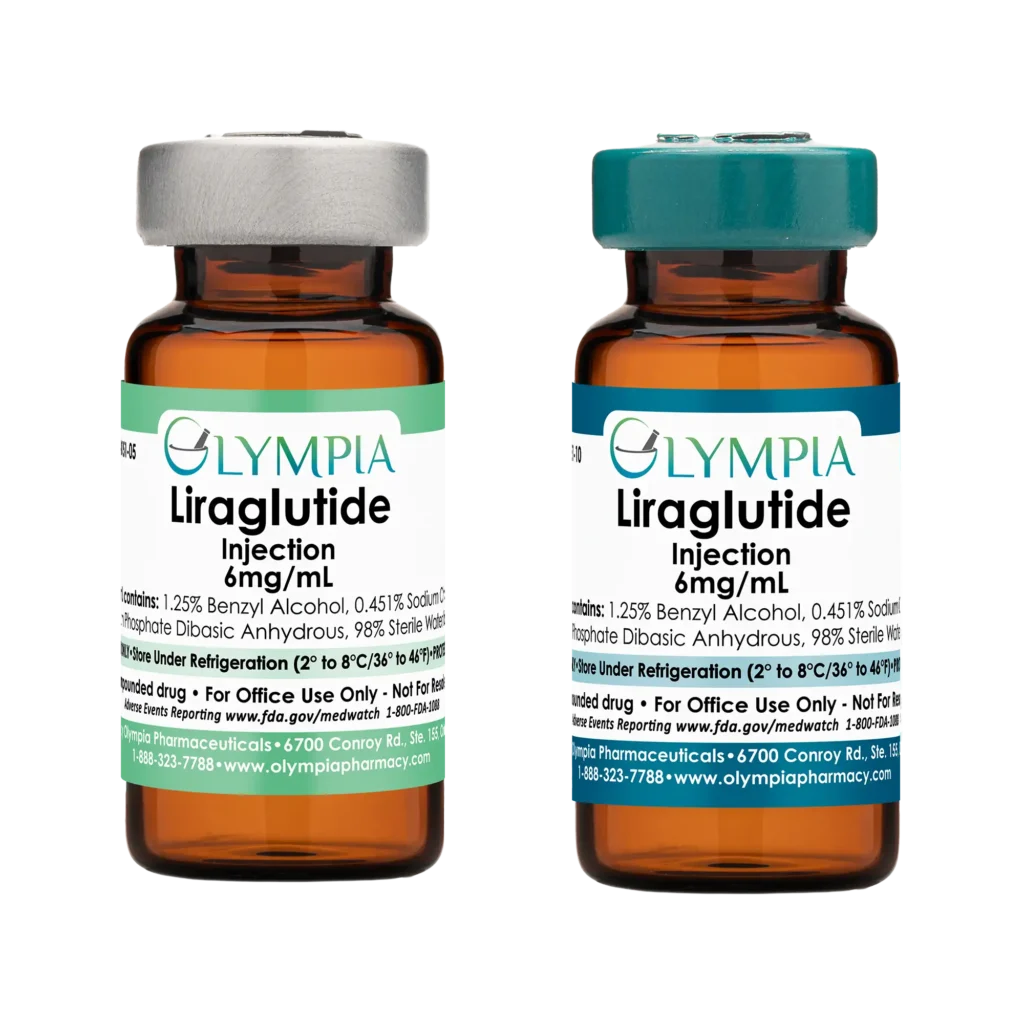 Two amber vials of compounded medication. On the left, a silver-capped vial with a seafoam green label. On the right, a teal-capped vial with a teal label. Both read "Olympia Liraglutide Injection. 6mg/ml."
