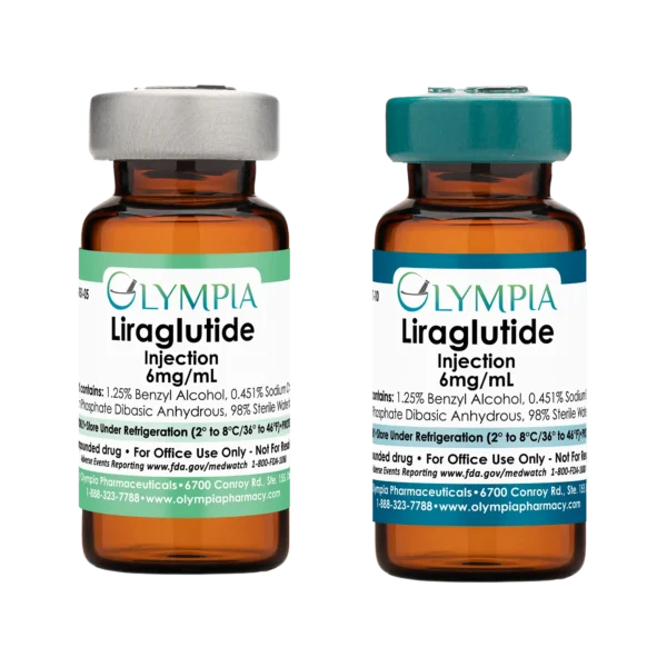 Two amber vials of compounded medication. On the left, a silver-capped vial with a seafoam green label. On the right, a teal-capped vial with a teal label. Both read "Olympia Liraglutide Injection. 6mg/ml."