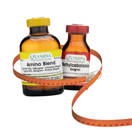 Two Olympia Pharmaceuticals vials labeled 'Amino Blend' and 'Methylcobalamin' are shown with an orange measuring tape wrapped around them, symbolizing weight management or fitness support.