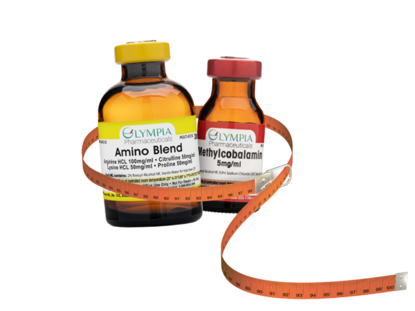 Two Olympia Pharmaceuticals vials labeled 'Amino Blend' and 'Methylcobalamin' are shown with an orange measuring tape wrapped around them, symbolizing weight management or fitness support.